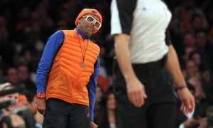 Director Spike Lee stands court side at New York Knicks game