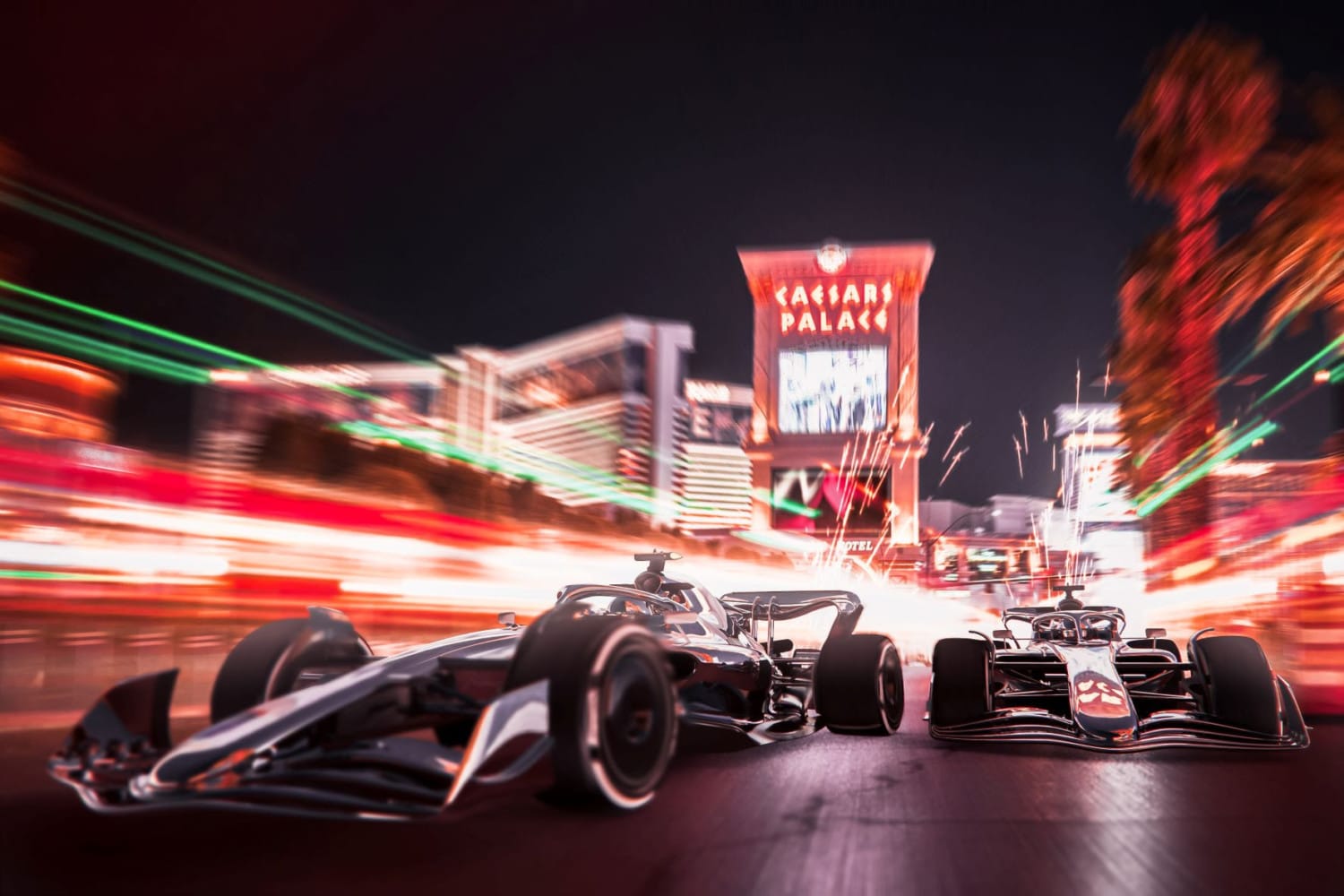 Formula 1 cars racing in front of Caesars Palace in Las Vegas