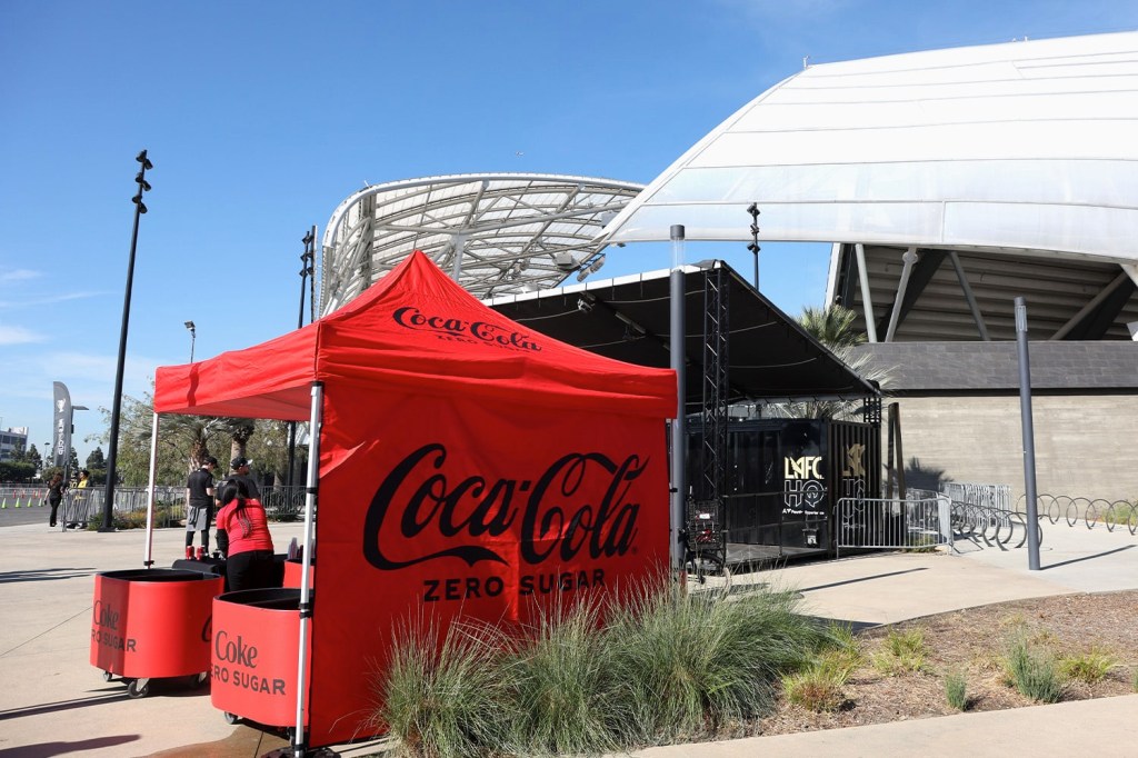 A Coca-Cola branded tent is seen outside of Banc of California Stadium