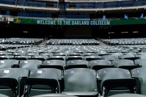 A view of seats inside the Oakland Coliseum, the current home of Oakland Athletics.
