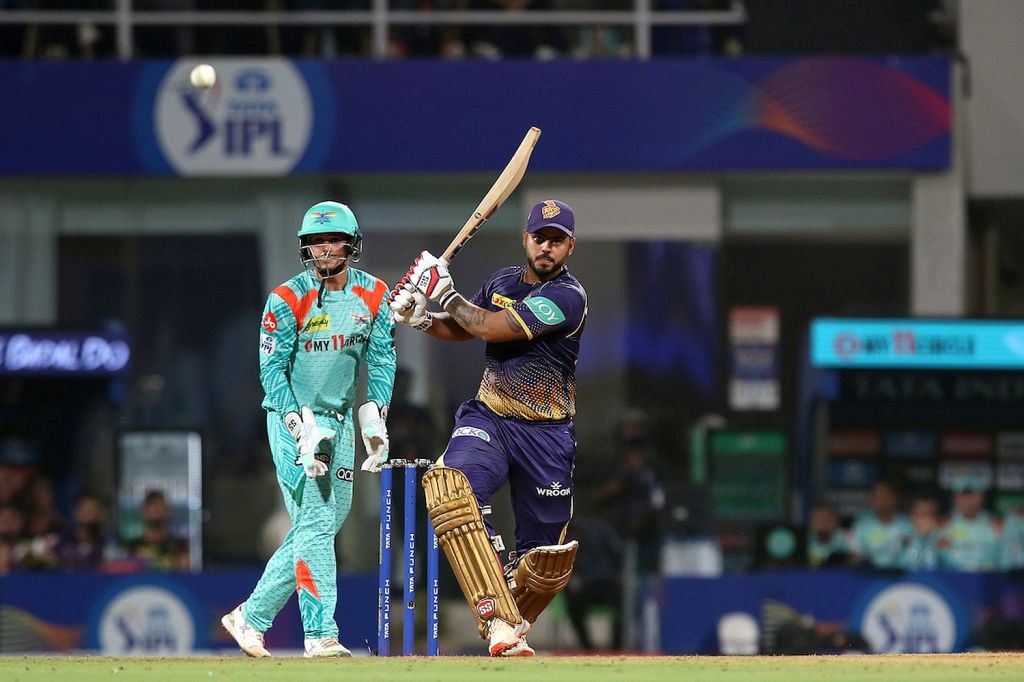 A batter for the Kolkata Knight Riders hits the ball against the Lucknow Super Giants in the Indian Premier League.