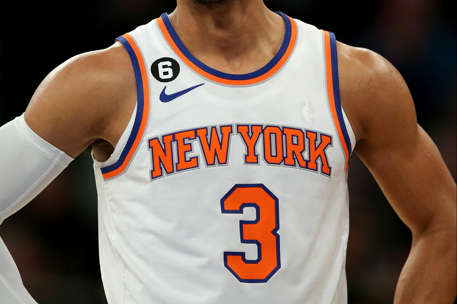 A close-up of the New York Knicks jerseys.