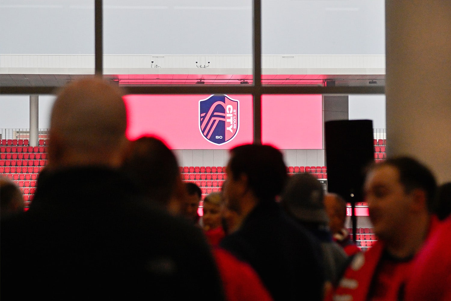 A view of the St. Louis City SC badge displayed inside the stadium.