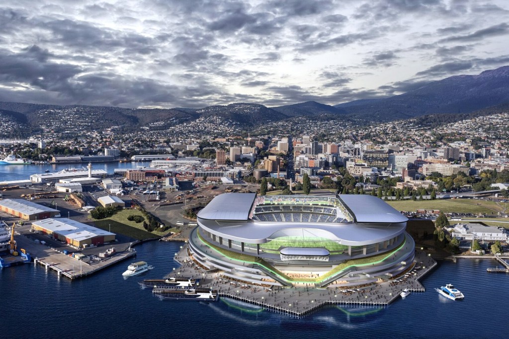 Artistic rendering of the Tasmania stadium proposed for an Australian Football League expansion team.