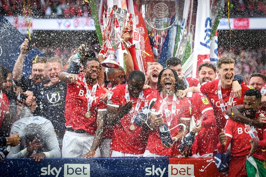 Trophy celebrations of Nottingham Forest FC after winning the 2022 EFL SkyBet Championship title.
