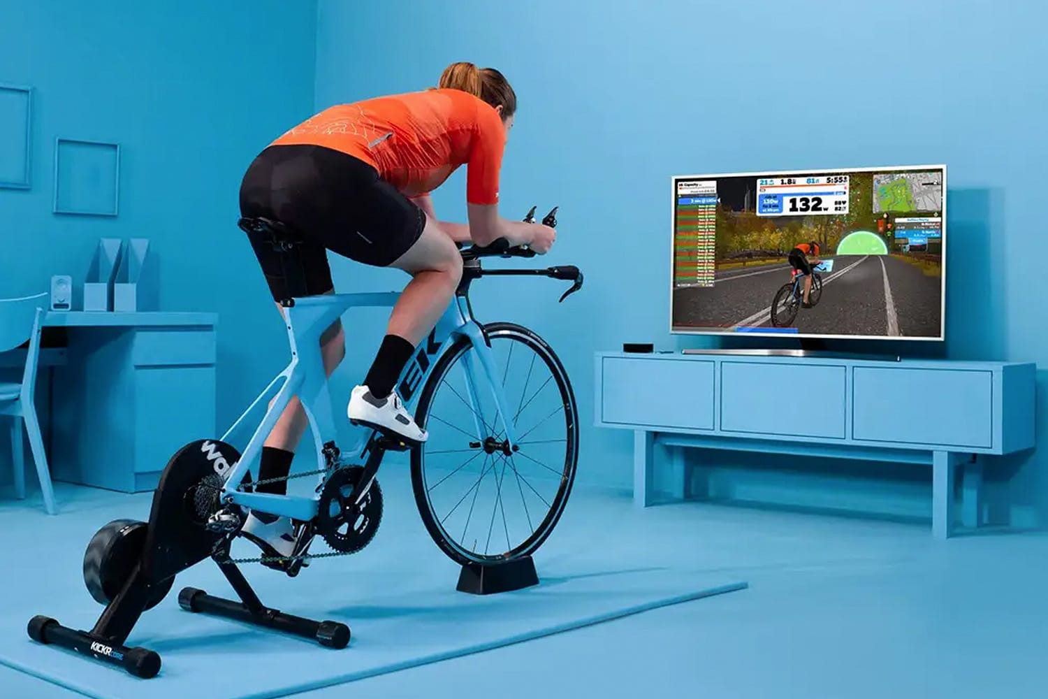 ZWIFT cycling rider and on-screen graphics