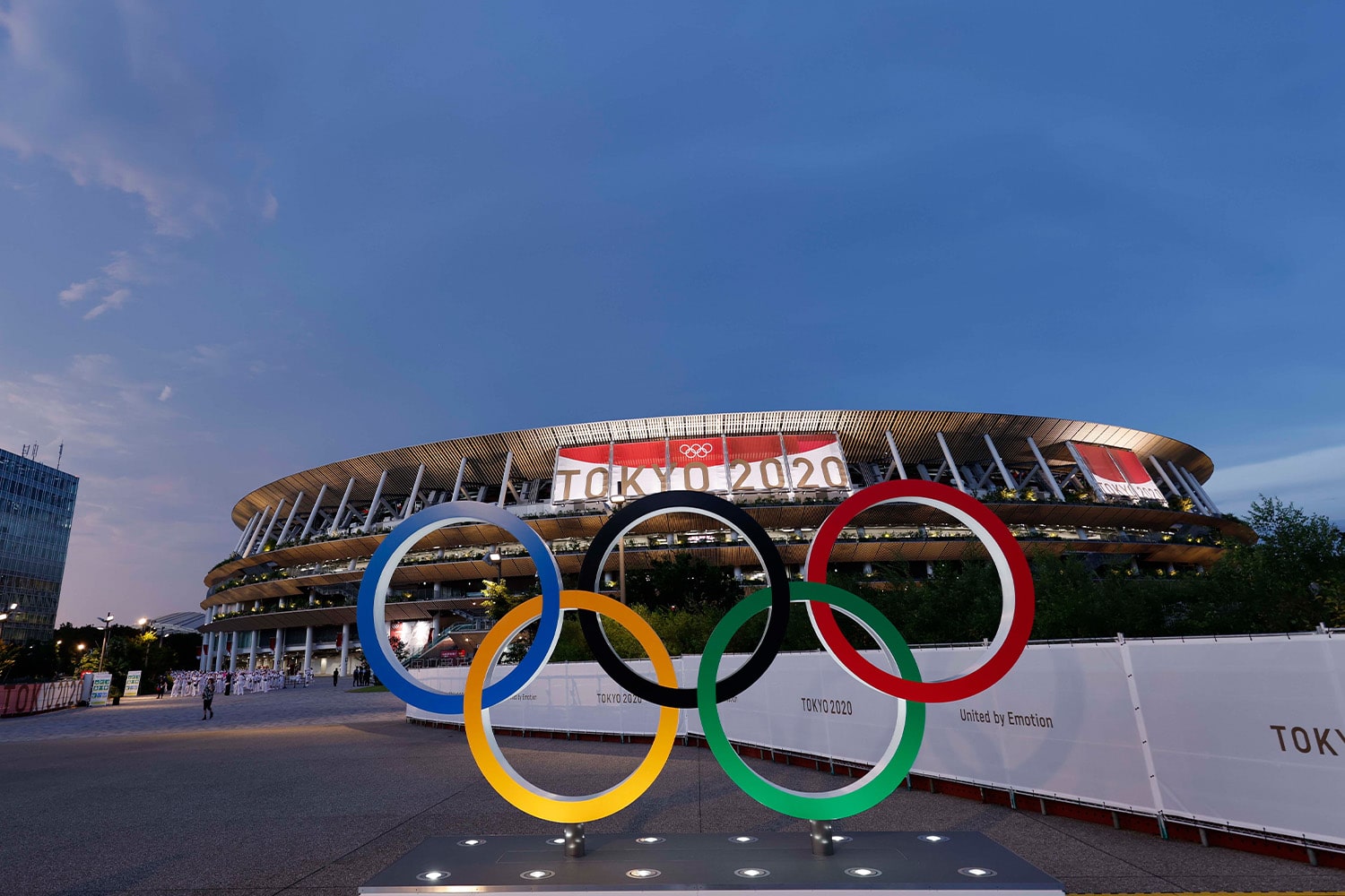 A general view of the Olympic rings and Japan National Stadium during the opening ceremony of the Tokyo 2020 games.