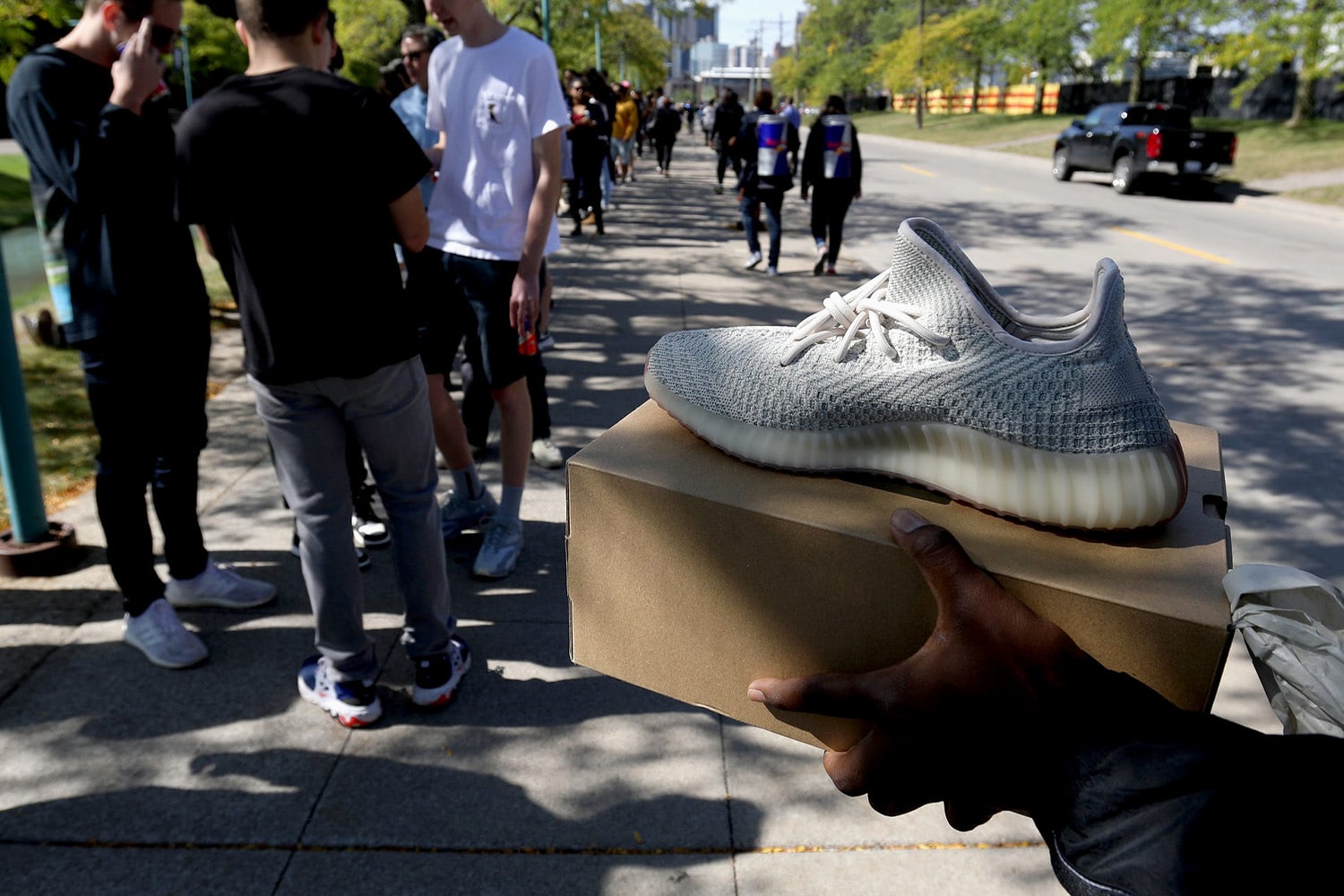 A Yeezy-branded Adidas sneaker for sale.