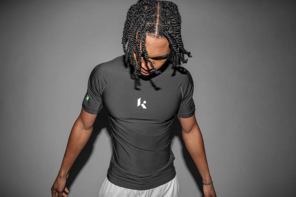 A model wears the new Klutch Athletics clothing line from New Balance.