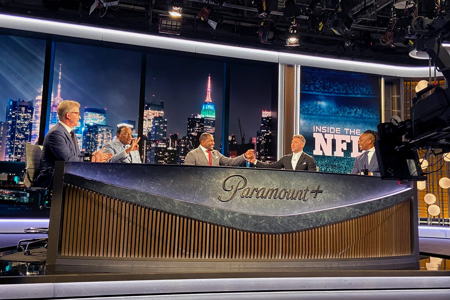 The broadcast studio and pundits on the Paramount+ series, 'Inside The NFL'.