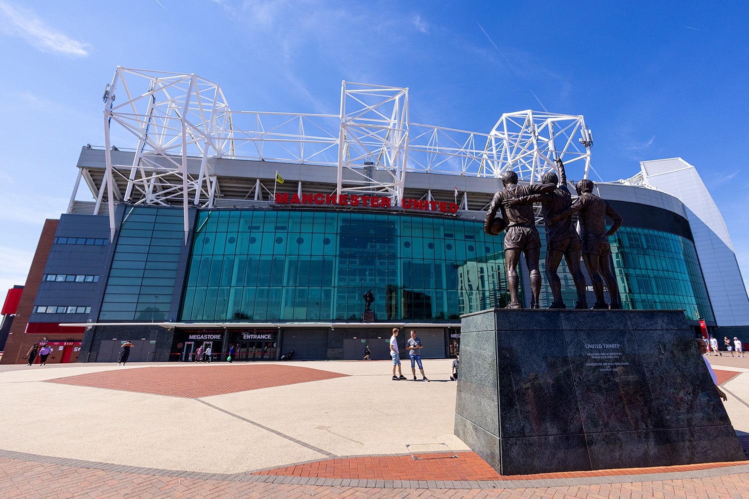 An exterior view of the entrance to Old Trafford, home of Manchester United FC.
