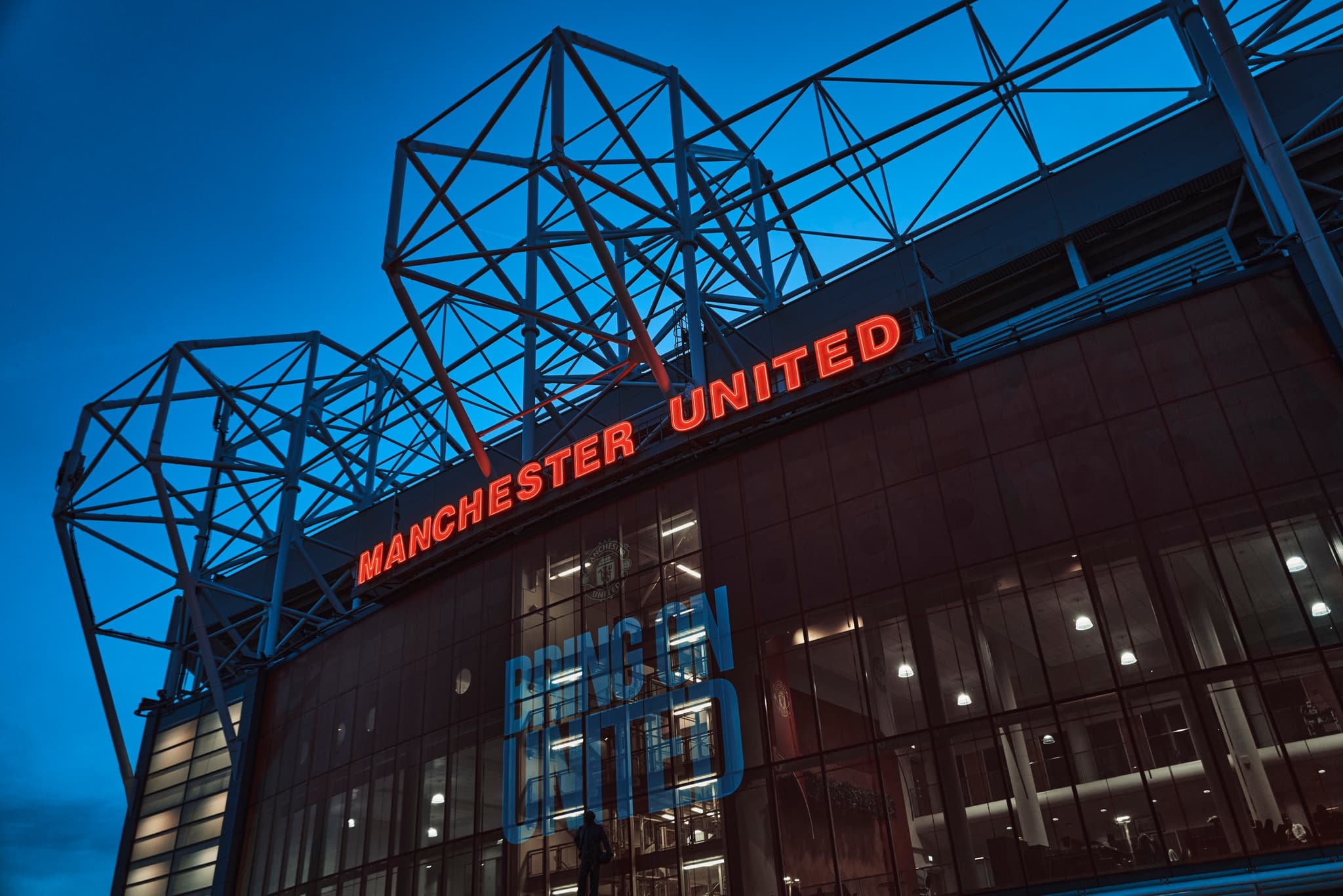 An exterior view of Old Trafford, home of Manchester United FC.