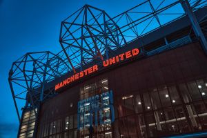 An exterior view of Old Trafford, home of Manchester United FC.