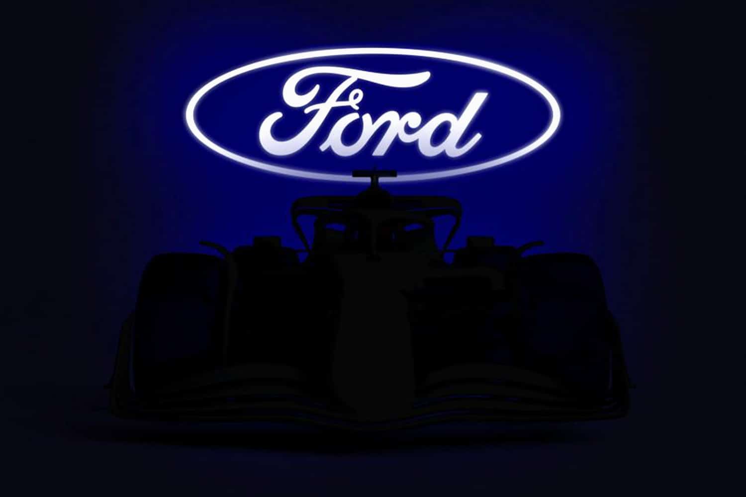 Silhouette of Ford's Formula 1 car in front of Ford logo