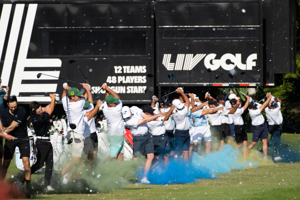 LIV Golf players hitting exploding powder golf balls for a photo shoot.