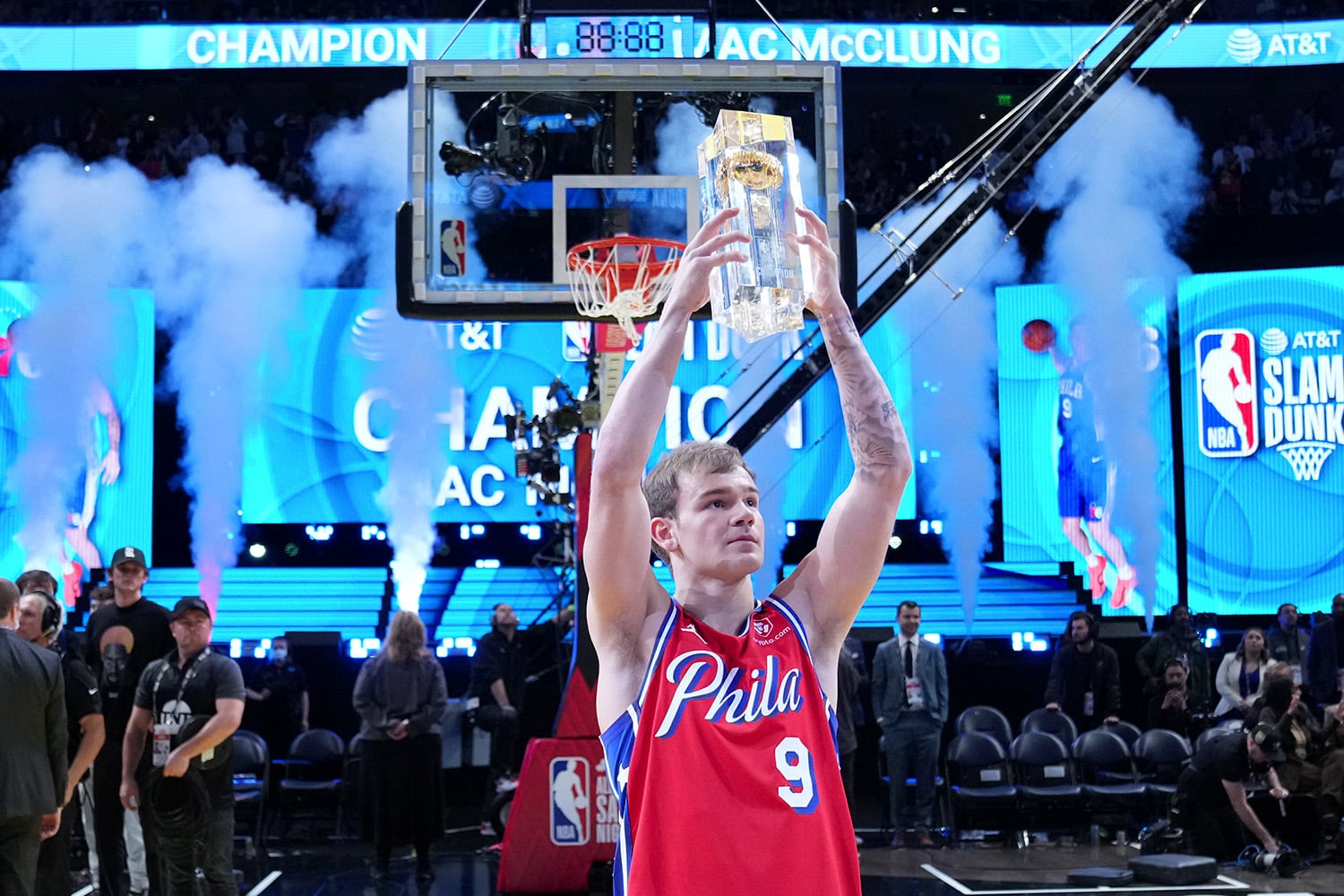 Philadelphia 76ers guard Mac McClung celebrates with the trophy after winning the Dunk Contest during the 2023 All Star Saturday Night