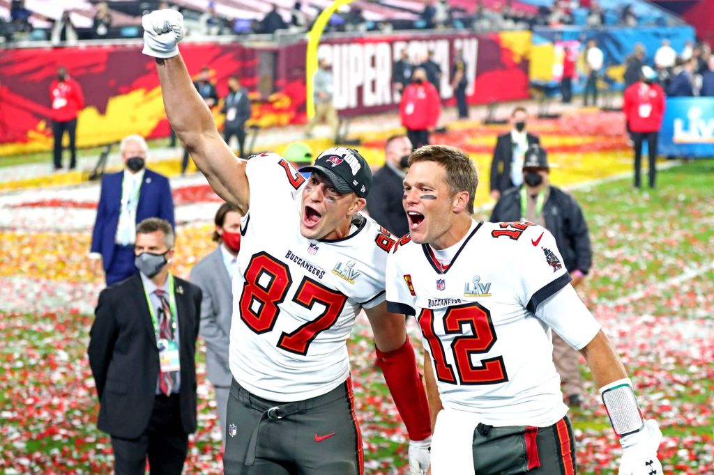 Rob Gronkowski and Tom Brady celebrate their last Super Bowl title together,