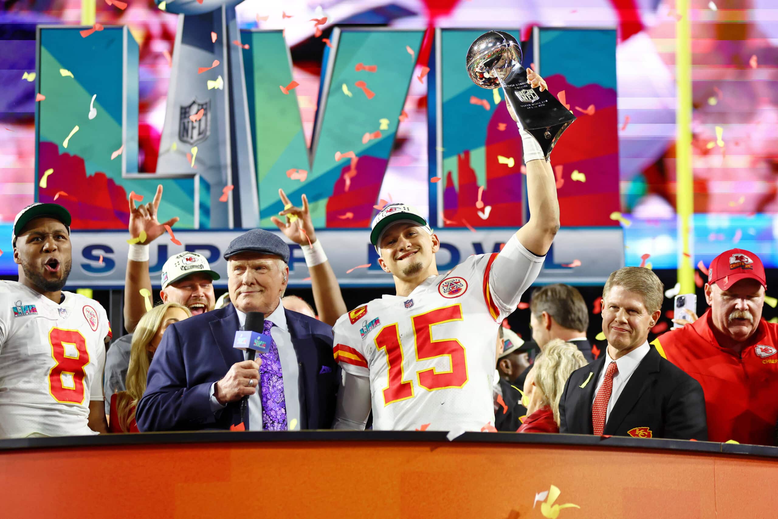 Patrick Mahomes hoists his second Super Bowl trophy.