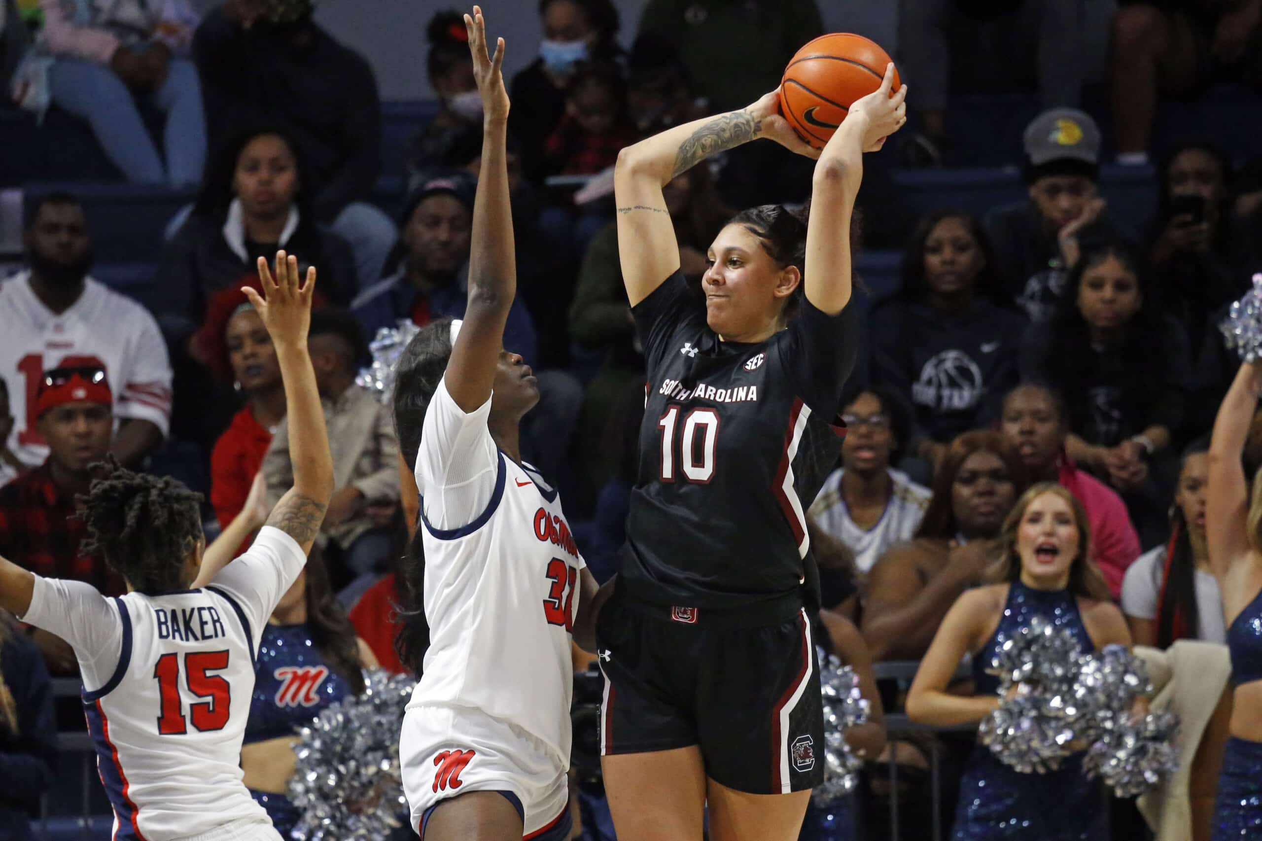 South Carolina Gamecocks center Kamilla Cardoso (10) handles the ball as Mississippi Rebels center Rita Igbokwe (32) defends during the second half at The Sandy and John Black Pavilion at Ole Miss.