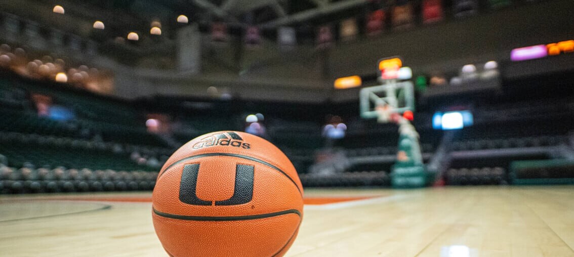 A ball on the Miami Hurricanes basketball court.