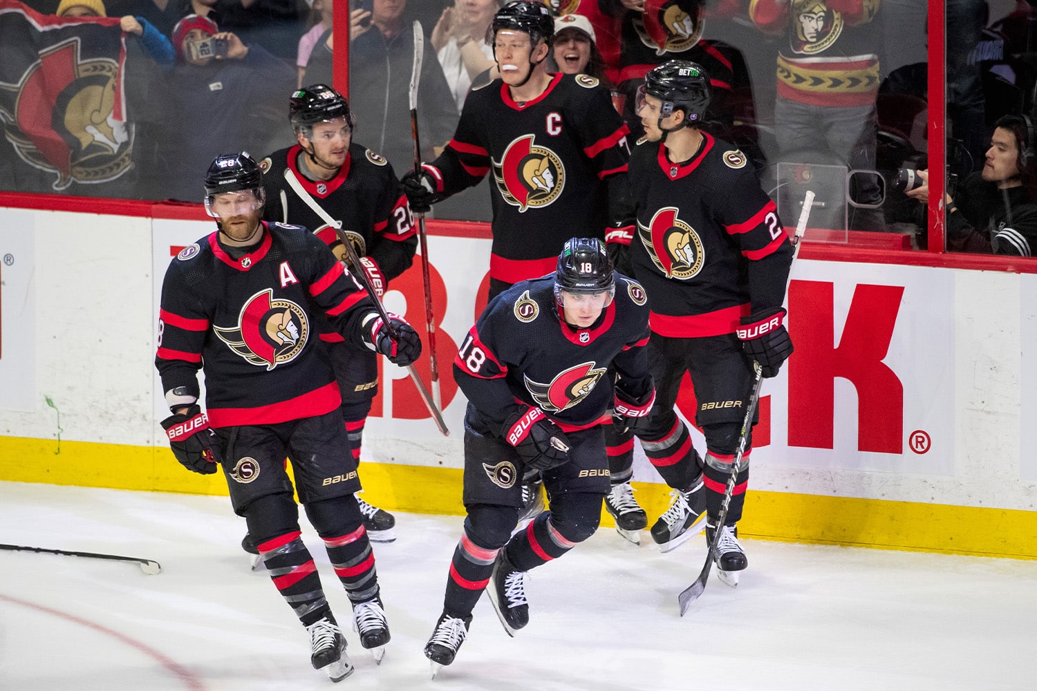 Ottawa Senators players together on the ice after scoring a goal.