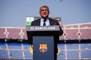 FC Barcelona president, Joan Laporta, speaks during a presentation at the Spotify Camp Nou stadium.