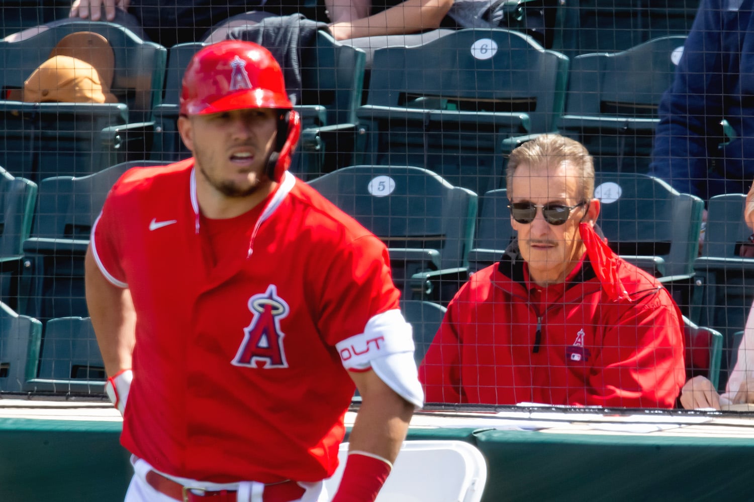 Los Angeles Angels owner Arte Moreno (right) and outfielder Mike Trout