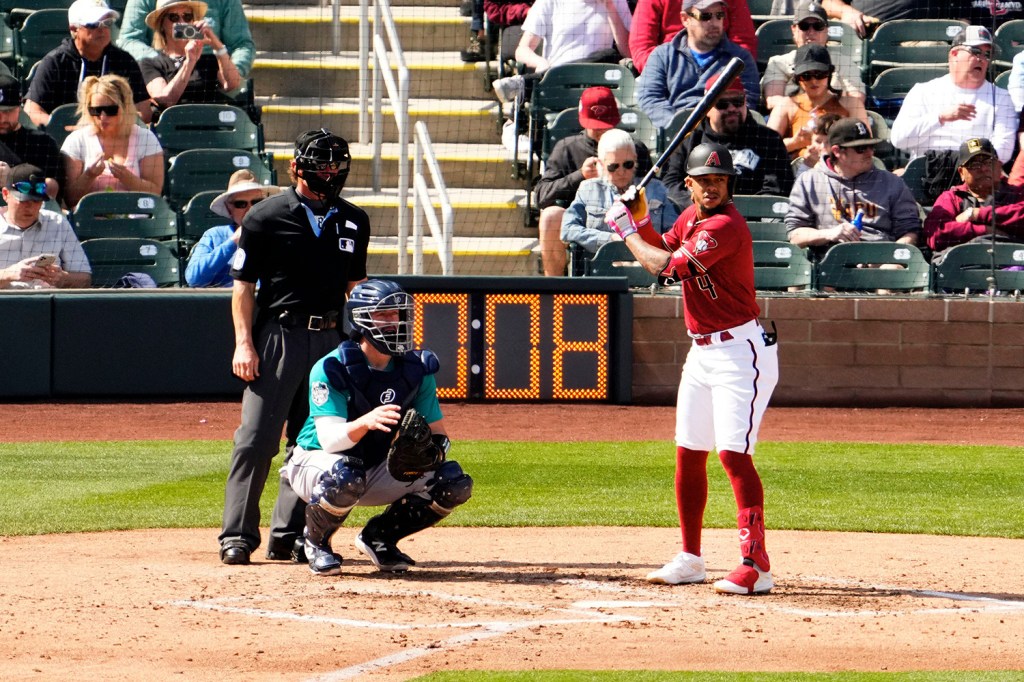Arizona Diamondbacks Ketel Marte prepares to bat against Seattle Mariners in the third inning with the new pitch clock