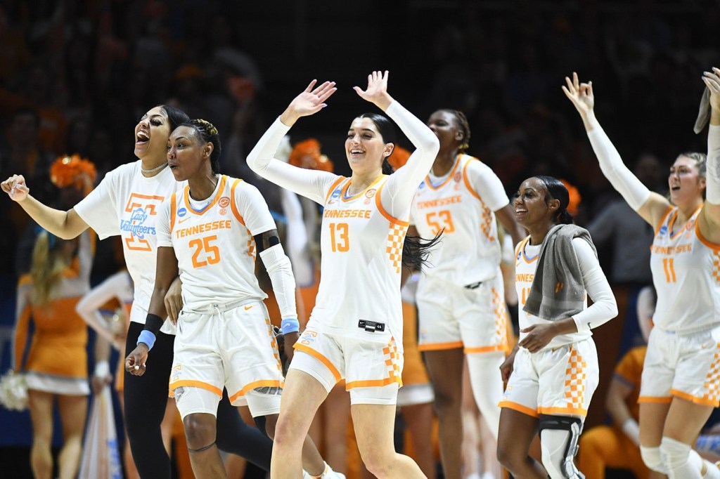Tennessee women's players celebrating during the second round of the NCAA basketball tournament.