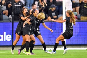 Players celebrate for Angel City FC, a team co-founded by venture capitalist Kara Nortman