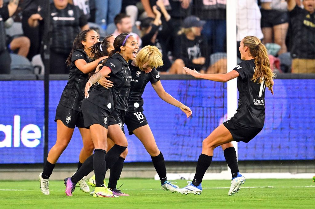 Players celebrate for Angel City FC, a team co-founded by venture capitalist Kara Nortman