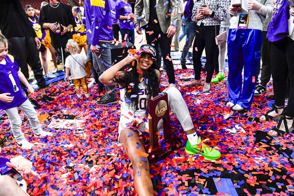 LSU forward Angel Reese celebrates after advancing to the NCAA Women's National Championship Final Four