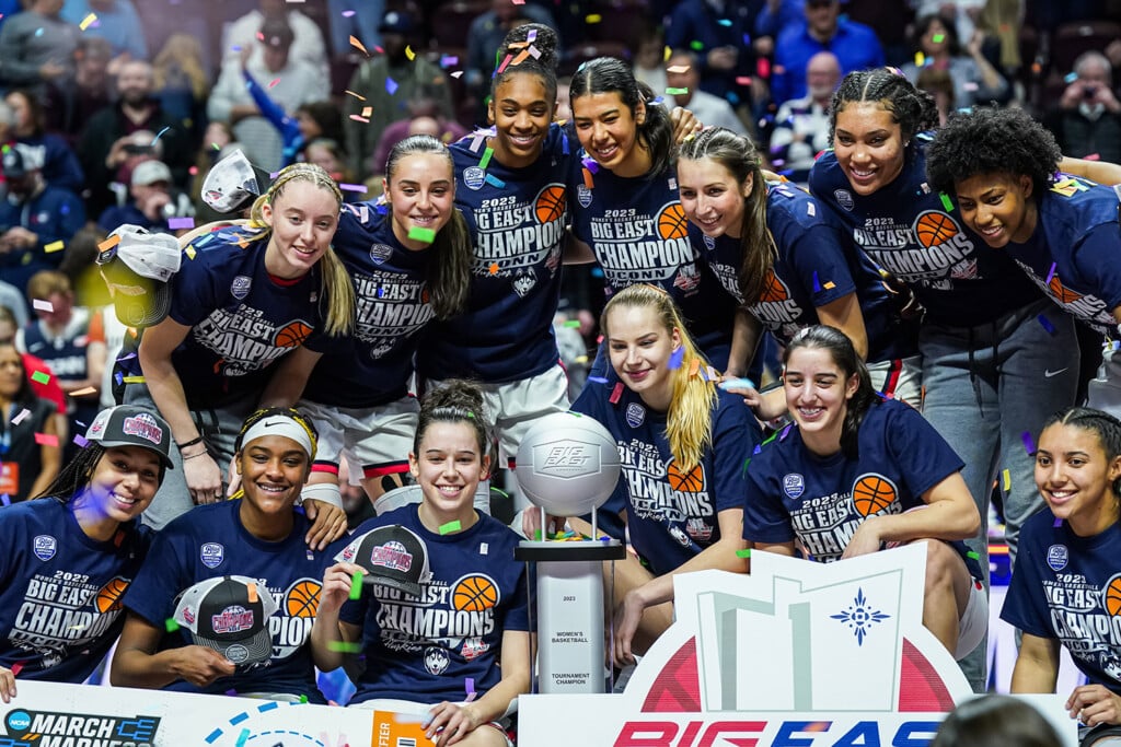 The UConn Huskies celebrate winning the 2023 Big East Tournament.