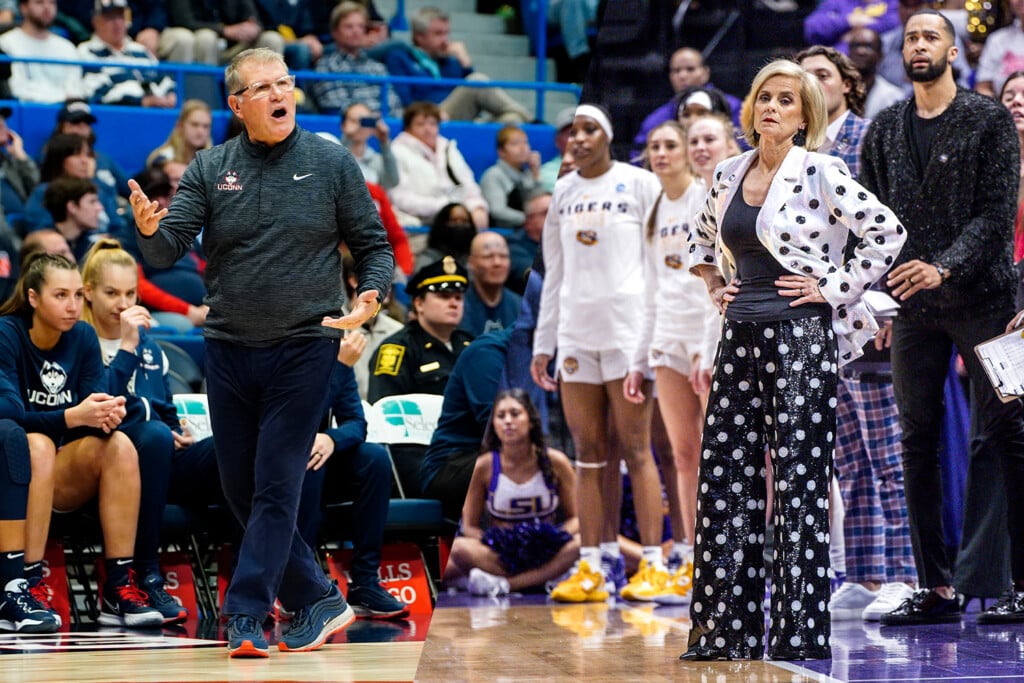 An edited photo showing UConn's Geno Auriemma and LSU's Kim Mulkey coaching their women's basketball teams.