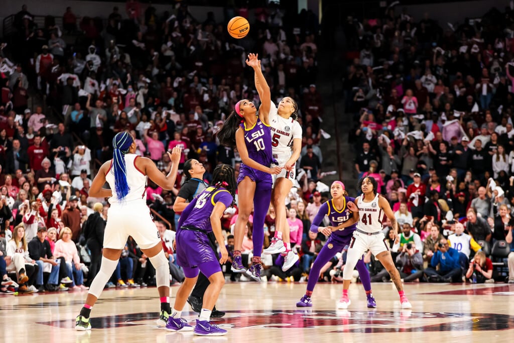 LSU and South Carolina tip off their women's basketball game in Columbia, South Carolina.