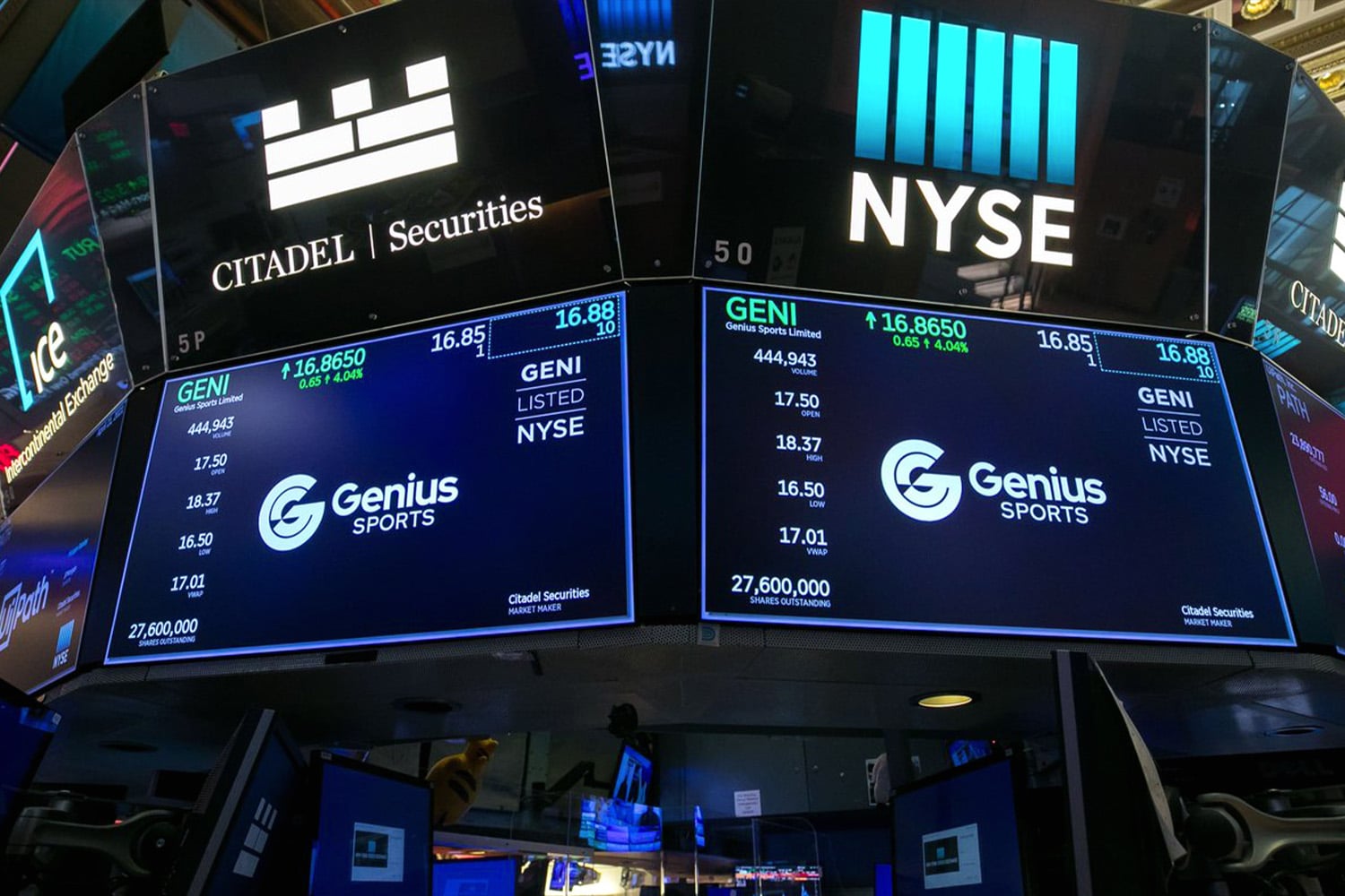 A view of the Genius Sports logo on the floor of the NYSE.