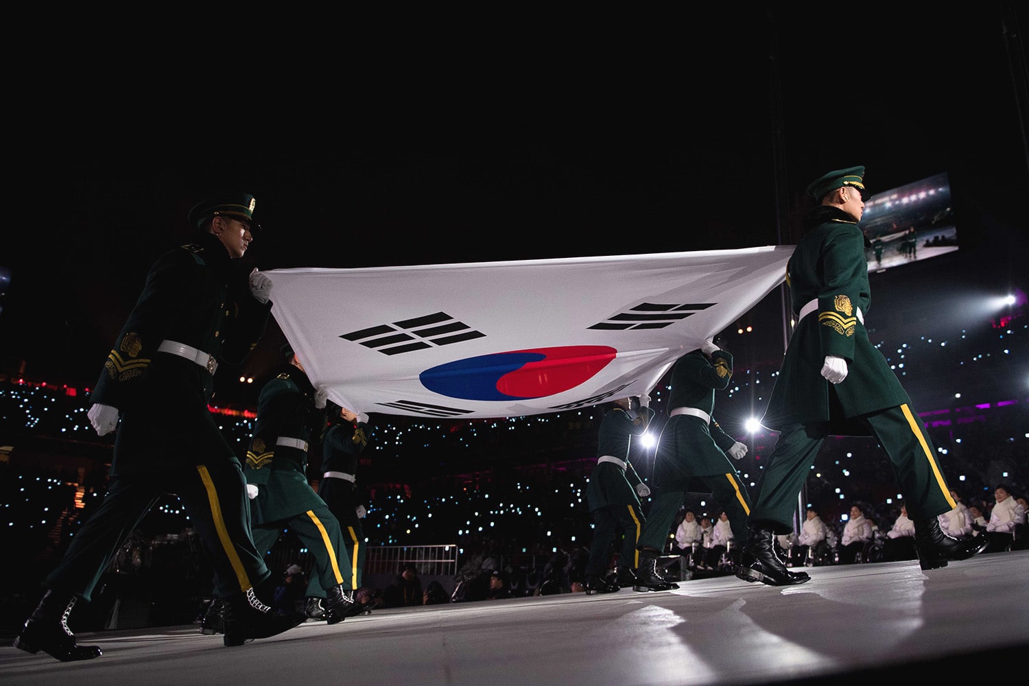 Flag bearers enter with the South Korean flag during the opening ceremony for the Pyeongchang 2018 Winter Games