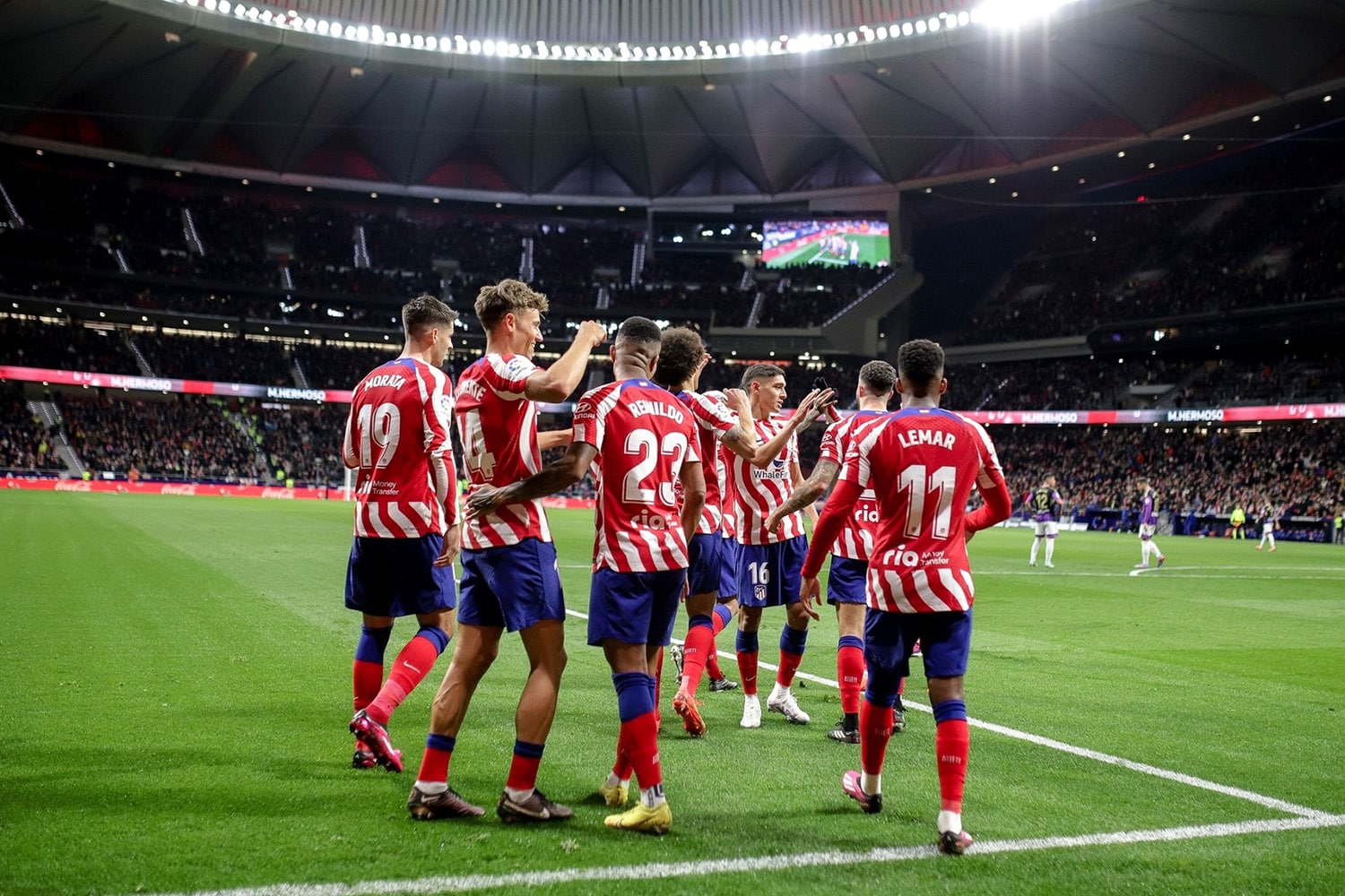 View of Atletico Madrid players and the Wanda Metropolitana Stadium