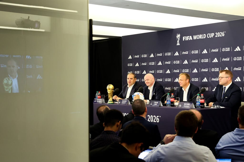 Victor Montagliani, Gianni Infantino, Colin Smith, and Bryan Swanson speak during a FIFA World Cup 2026 Announcement press conference