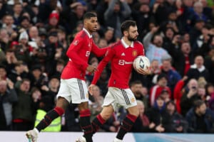 Manchester United players Marcus Rashford and Bruno Fernandes at Old Trafford