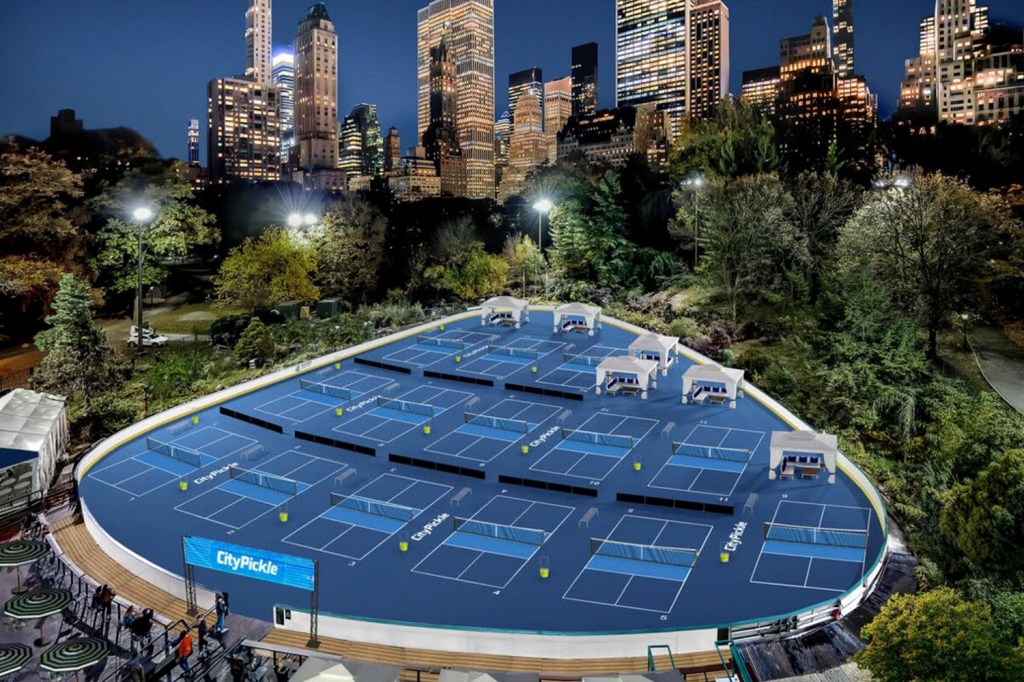 An artistic rendering of pickleball courts at Central Park in New York City.