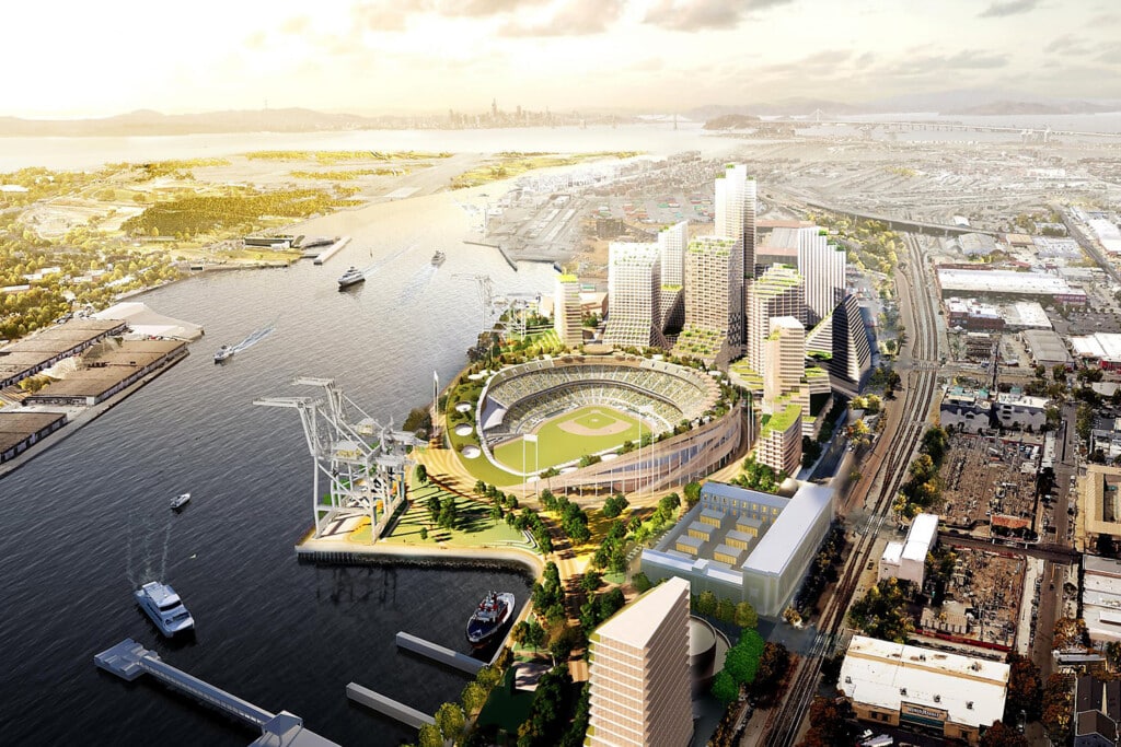 An artistic rendering of the proposed new Oakland Athletics' ballpark