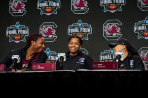 South Carolina Gamecocks forward Aliyah Boston, left, guard Zia Cooke, middle, and head coach Dawn Staley speak before the NCAA Womens Final Four