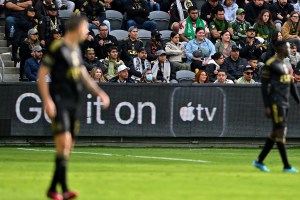 Apple TV signage on the sidelines of an MLS match.