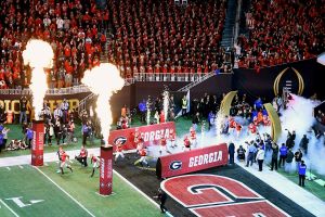A view of the University of Georgia Bulldogs as they enter the field.