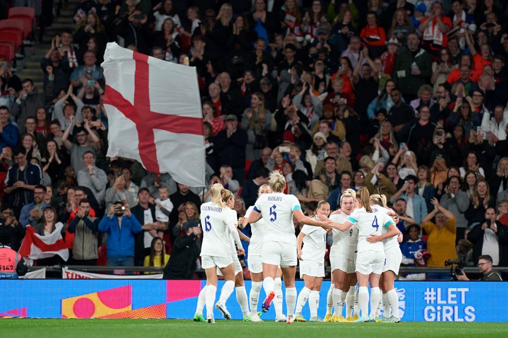 The England Lionesses together during a match at Wembley Stadium.
