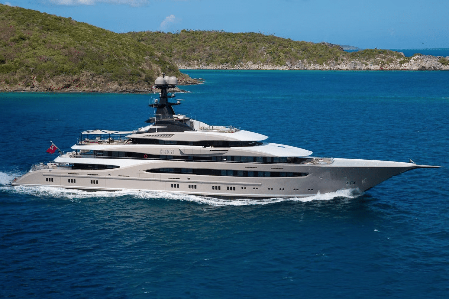 A full view of Shahid Khan's superyacht, Kismet, on the open water.