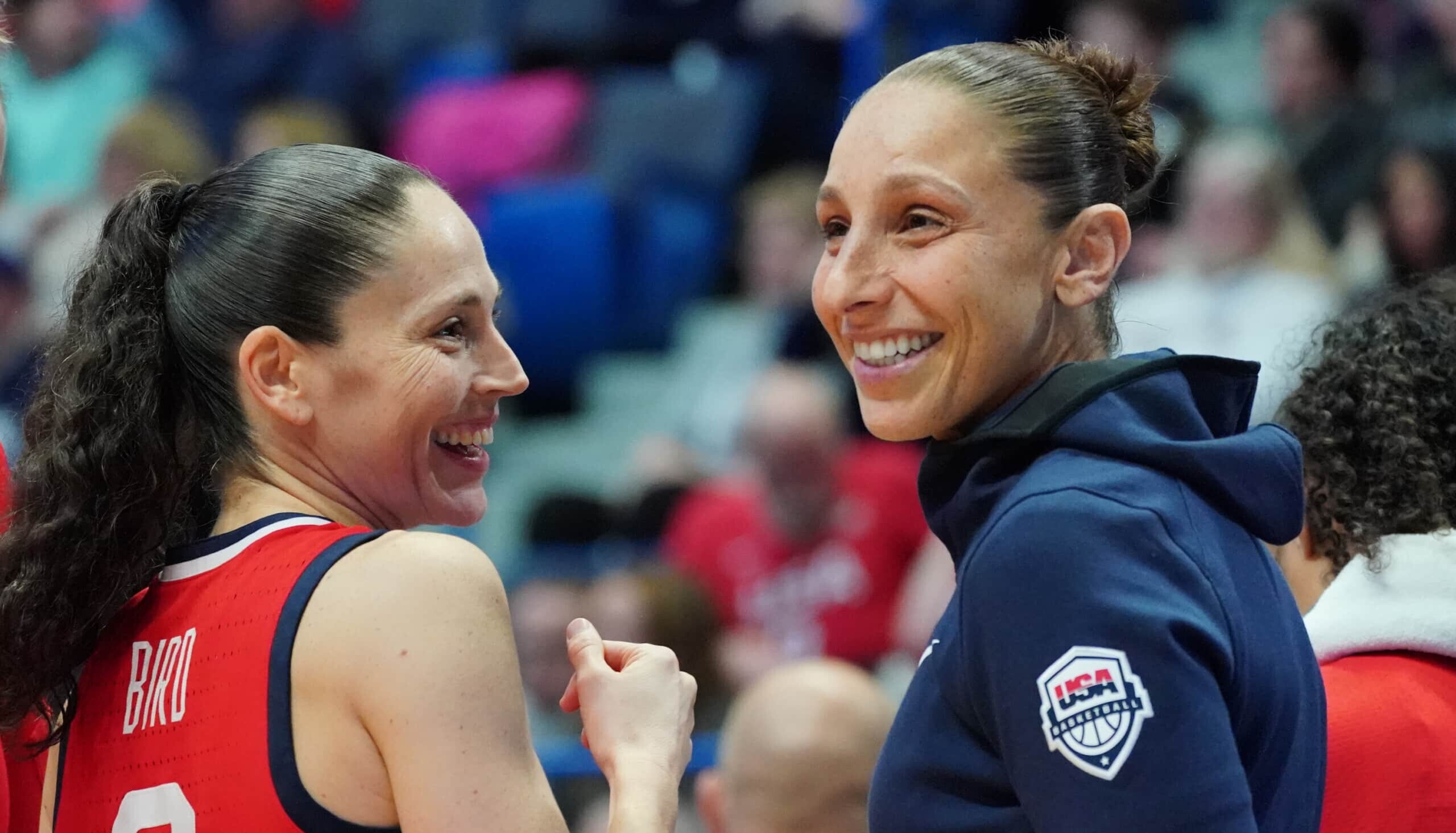Jan 27, 2020; Hartford, Connecticut, USA; 2020 USA Womens National Team guard Sue Bird (6) (left) and guard Diana Taurasi (12) on the sideline as they take on the UConn Huskies in the second half at XL Center. Team USA defeated UConn 79-64.