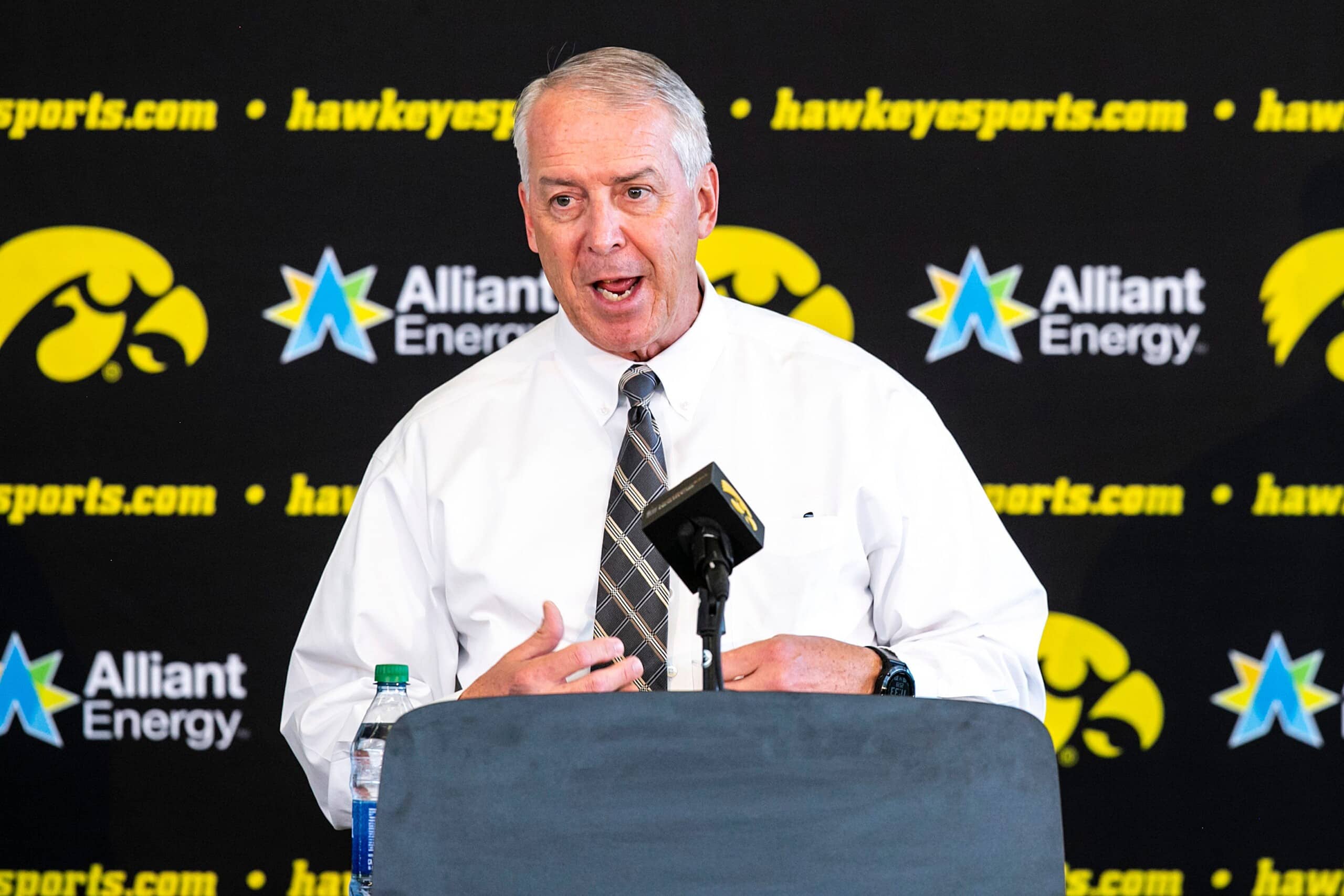 Iowa athletic director Gary Barta speaks during a news conference announcing a NCAA college women's wrestling program for the Iowa Hawkeyes, Thursday, Sept. 23, 2021, at Carver-Hawkeye Arena in Iowa City, Iowa.