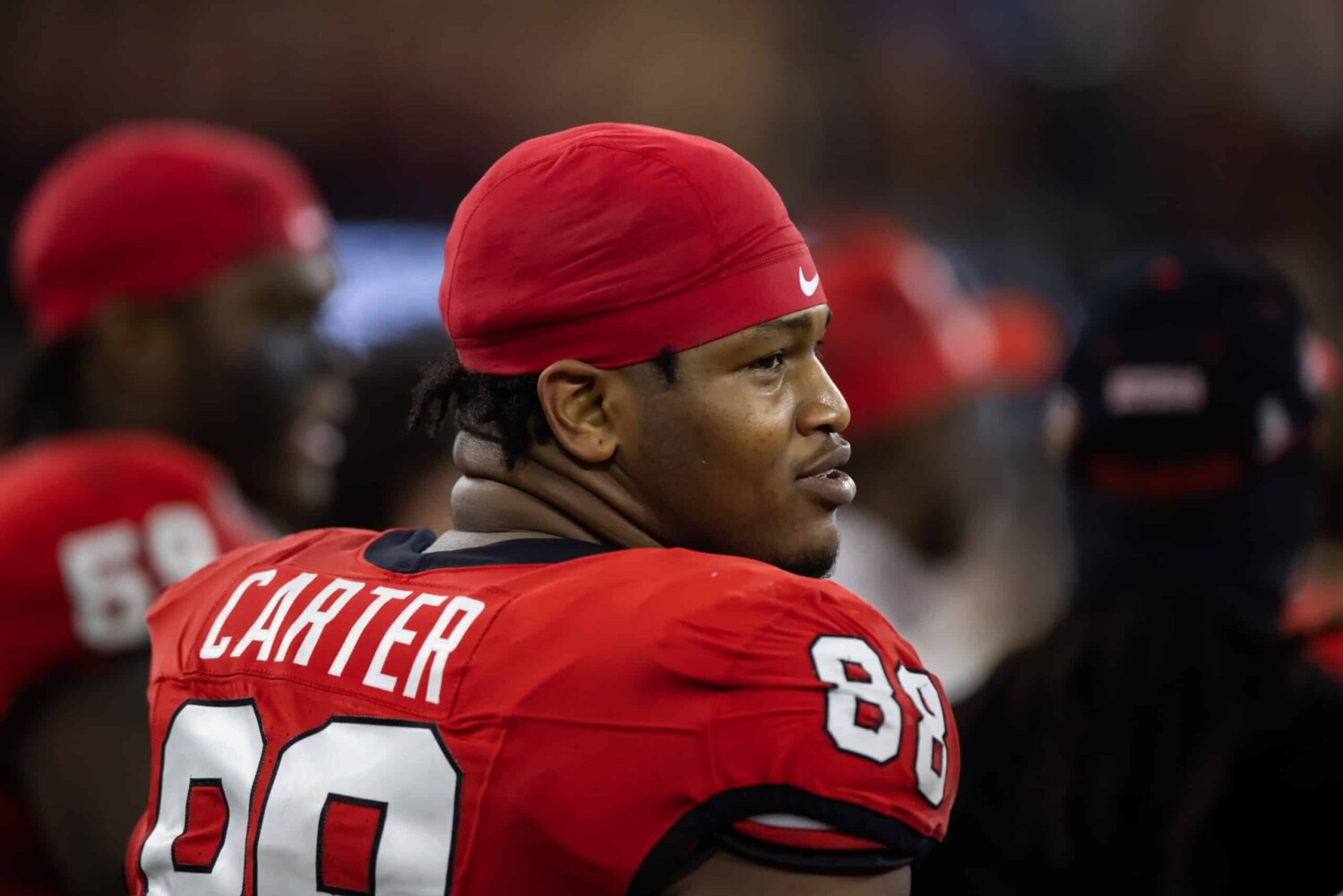 Georgia Bulldogs defensive lineman Jalen Carter with a neutral expression during College Football Playoff.